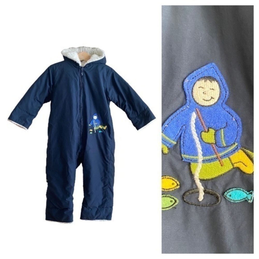 Lands’ End Navy Blue Faux Fur Lined Waterproof Ice Fishing Appliqué Snowsuit 18m
